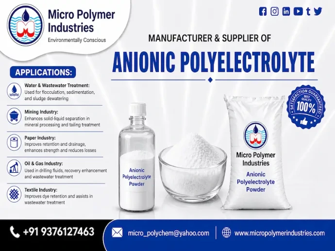 Anionic Polyelectrolyte by Micro Polymer Industries is a premium-grade water treatment polymer designed for efficient solid–liquid separation, clarification, and sludge dewatering in industrial and municipal wastewater systems.