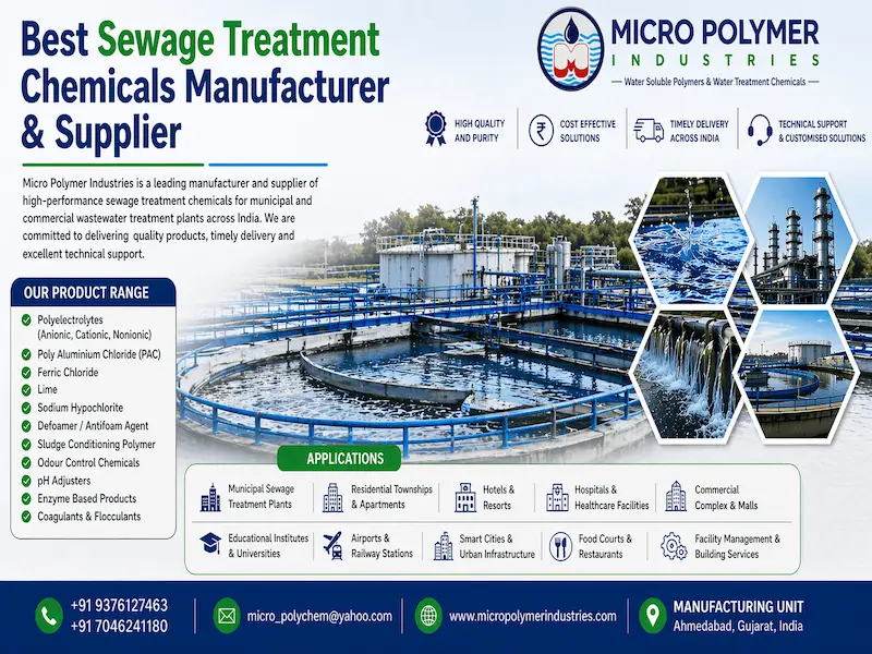 Micro Polymer Industries offers premium quality Sewage Treatment Plant Chemicals in Ahmedabad, Gujarat, designed for efficient domestic wastewater treatment. Our STP chemicals ensure effective removal of suspended solids, organic matter, and odor control.