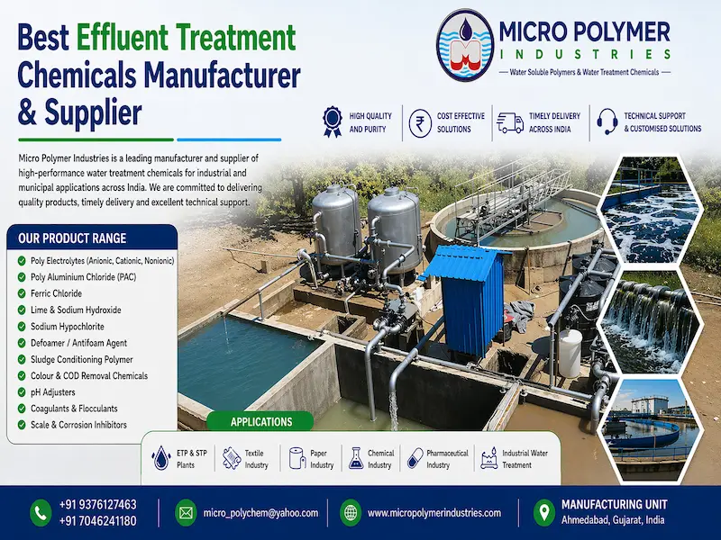 Micro Polymer Industries is a leading manufacturer and supplier of high-performance Effluent Treatment Plant Chemicals in Ahmedabad, Gujarat