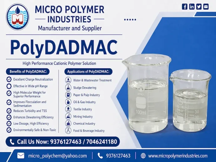 PolyDADMAC (Polydiallyldimethylammonium Chloride) by Micro Polymer Industries is a high-performance cationic polymer coagulant used for efficient water treatment