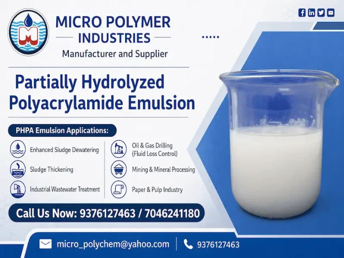 Micro Polymer Industries is a trusted PHPA Emulsion manufacturer in Ahmedabad, Gujarat, offering high-performance polymer solutions for drilling, water treatment, and industrial applications across India. PHPA (Partially Hydrolyzed Polyacrylamide) Emulsion is widely recognized for its excellent flocculation, viscosity control, and solid-liquid separation properties.