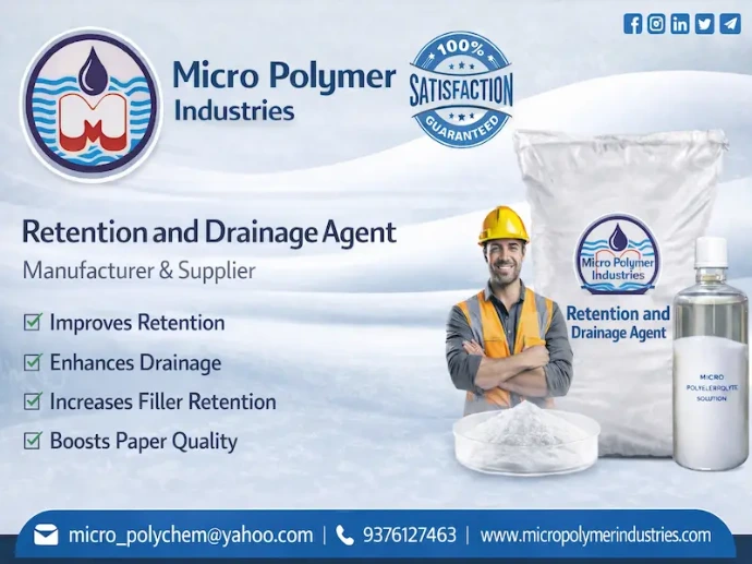 Micro Polymer Industries is a leading Retention & Drainage Agent manufacturer in Ahmedabad, Gujarat, providing advanced paper chemicals designed to improve paper machine efficiency and product quality. Our retention and drainage solutions are specially formulated to enhance fiber retention, filler retention, and water removal during the paper manufacturing process.