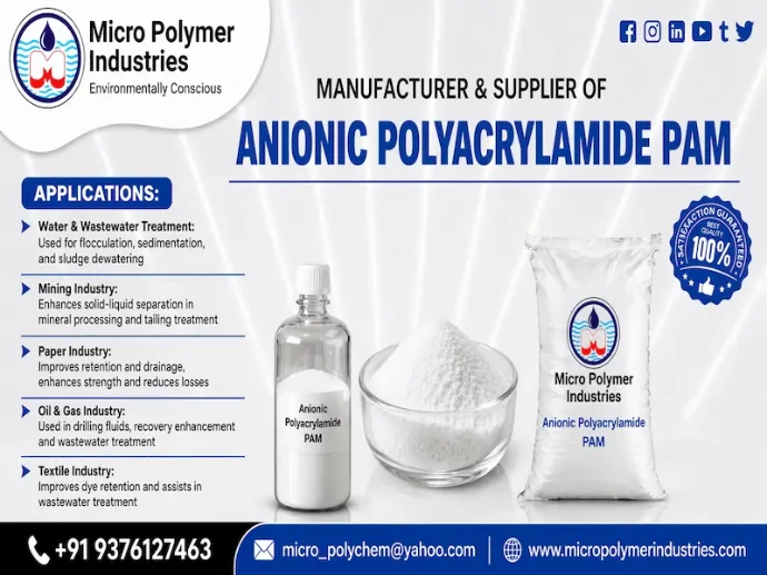 Micro Polymer Industries is a leading Anionic Polyacrylamide manufacturer in Ahmedabad, Gujarat, offering high-performance polymer solutions for water treatment and industrial applications across India. Anionic Polyacrylamide (PAM) is widely used for solid-liquid separation, flocculation, and sedimentation processes due to its high molecular weight and strong anionic charge.