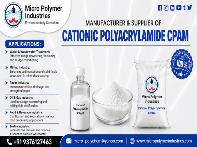 Micro Polymer Industries is a trusted Cationic Polyacrylamide manufacturer in Ahmedabad, Gujarat, offering high-performance polymer solutions for wastewater treatment and industrial applications across India. Cationic Polyacrylamide (CPAM) is widely used for sludge dewatering, flocculation, and removal of organic contaminants due to its strong positive charge and high molecular weight.