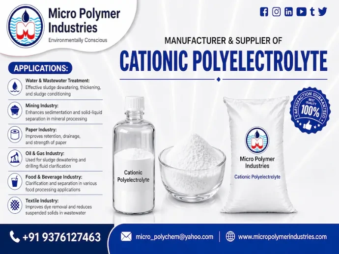 Cationic Polyelectrolyte by Micro Polymer Industries is a high-performance, industrial-grade water treatment chemical designed for efficient solid–liquid separation, sludge dewatering, and wastewater clarification, based in Ahmedabad, Gujarat.