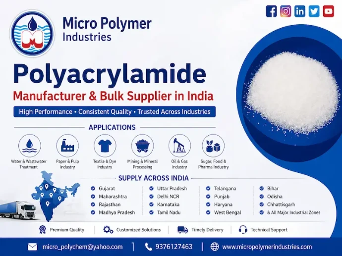 We are a leading Polyacrylamide manufacturer & bulk supplier in Gujarat, India, providing high-purity Polyacrylamide powder for water treatment, wastewater recycling, mining, paper, textile, sugar, oil & gas and many industrial processes.
