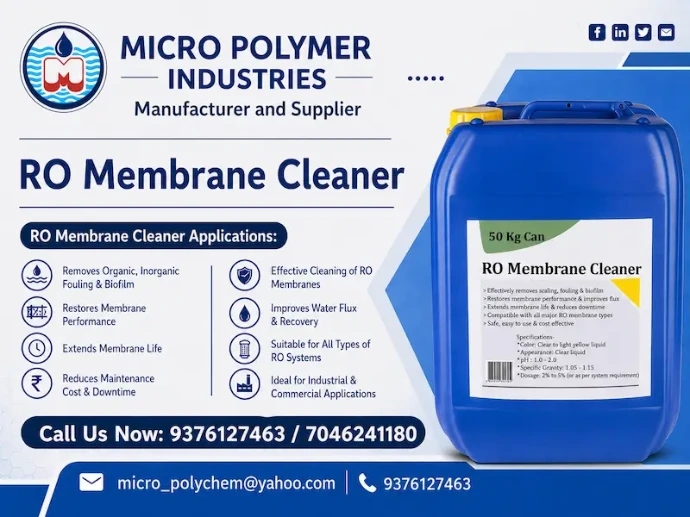 Micro Polymer Industries is a leading RO Membrane Cleaner manufacturer in Ahmedabad, Gujarat, providing high-performance water treatment chemicals across India. RO Membrane Cleaner is specially designed to remove scaling, fouling, organic deposits, and biofilm from reverse osmosis membranes to restore system efficiency.