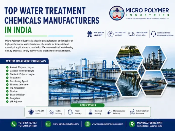 Micro Polymer Industries is one of the best Water Treatment Chemicals Manufacturer & Supplier in Ahmedabad, Gujarat, India, specializing in high-performance chemicals for industrial water and wastewater treatment applications.
