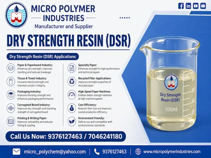 Micro Polymer Industries is a leading Dry Strength Resin (DSR) manufacturer in Ahmedabad, Gujarat, offering advanced paper chemicals for improving paper strength and quality across India. Dry Strength Resin is widely used in the paper and pulp industry to enhance dry strength properties such as tensile strength, burst strength, and stiffness of paper.