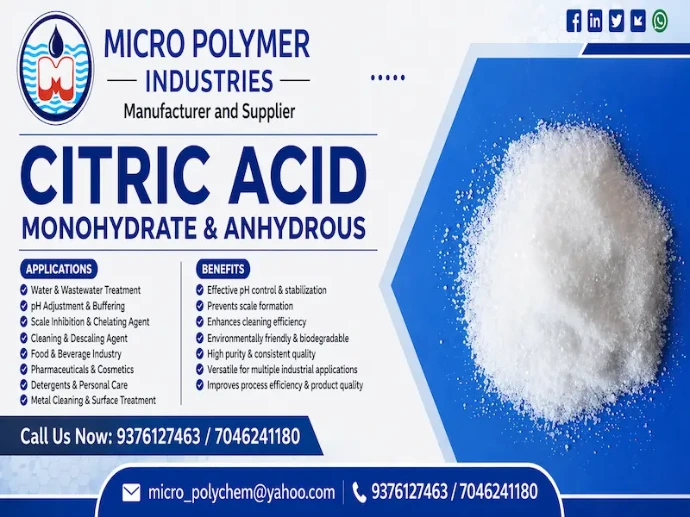 Micro Polymer Industries is a trusted Citric Acid wholesaler in Ahmedabad, Gujarat, supplying high-quality Monohydrate and Anhydrous Citric Acid for industrial, food, pharmaceutical, and water treatment applications across India. Citric Acid is a widely used organic acid known for its excellent chelating, cleaning, and pH adjustment properties.