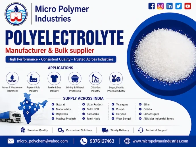 Micro Polymer Industries is a trusted Polyelectrolyte Supplier in Karnataka, providing high-performance water and wastewater treatment chemicals for industrial applications. We supply effective treatment solutions for clarification, sludge dewatering, suspended solids reduction and wastewater management across Karnataka industries.