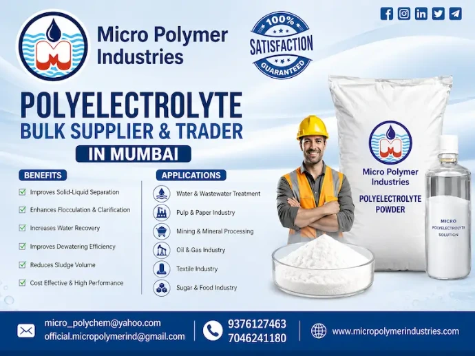 Micro Polymer Industries is a trusted Polyelectrolyte Bulk Supplier & Trader in Mumbai, offering high-quality water and wastewater treatment chemicals for industrial applications. With practical industry experience and expertise in water treatment solutions, we provide reliable products that support efficient flocculation, sludge dewatering, and solid-liquid separation processes. Our manufacturing unit is located in Ahmedabad, Gujarat.