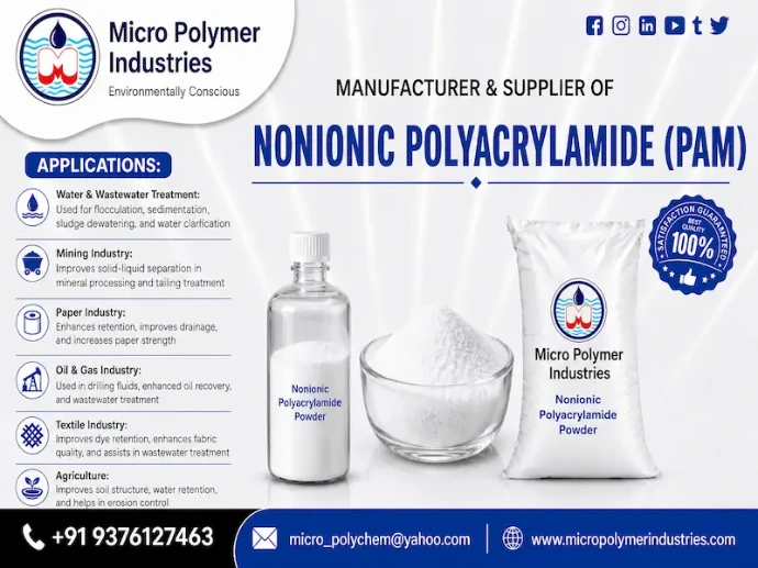 Micro Polymer Industries is a leading manufacturer and supplier of premium-quality Nonionic Polyacrylamide (Nonionic PAM) in India. Our high-performance Nonionic Polyacrylamide powder is designed for efficient solid-liquid separation, wastewater treatment, sludge thickening and industrial clarification processes. Our manufacturing unit is located in Ahmedabad, Gujarat.