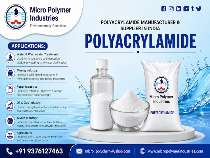 Micro Polymer Industries is a leading Polyacrylamide manufacturer and supplier in India providing high-performance industrial PAM powder for water treatment, wastewater treatment, sludge dewatering and solid-liquid separation processes. We supply premium quality Polyacrylamide with consistent performance, high purity and customized grades suitable for multiple industries across India.