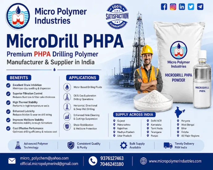 MicroDrill PHPA is a premium-quality Partially Hydrolyzed Polyacrylamide (PHPA) developed by Micro Polymer Industries for demanding drilling operations. Designed for superior shale inhibition, borehole stabilization, fluid loss control, viscosity enhancement, and cuttings encapsulation, MicroDrill PHPA delivers reliable performance in water-based drilling fluid systems.