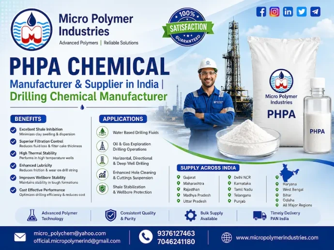 Micro Polymer Industries is a trusted PHPA Chemical Manufacturer & Supplier in India, offering premium quality PHPA (Partially Hydrolyzed Polyacrylamide) for drilling fluid systems, oilfield applications, borewell drilling, horizontal directional drilling (HDD), mining exploration, and geotechnical drilling projects.