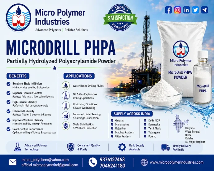 MicroDrill PHPA is a premium-quality Partially Hydrolyzed Polyacrylamide Powder (PHPA) manufactured by Micro Polymer Industries for drilling fluid systems, oilfield applications, water well drilling, HDD (Horizontal Directional Drilling), mining, and geotechnical operations. Our high-performance PHPA powder is specially formulated to provide superior shale inhibition, borehole stabilization, cuttings encapsulation, and fluid loss control under challenging drilling conditions.