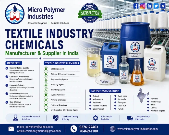 Micro Polymer Industries is a leading manufacturer and supplier of high-performance Textile Industry Chemicals in India. We provide specialized wastewater treatment chemicals for textile dyeing, printing, bleaching, washing, and finishing industries. Our chemical solutions help textile manufacturers achieve efficient color removal, sludge reduction, water clarification, and compliance with pollution control norms.