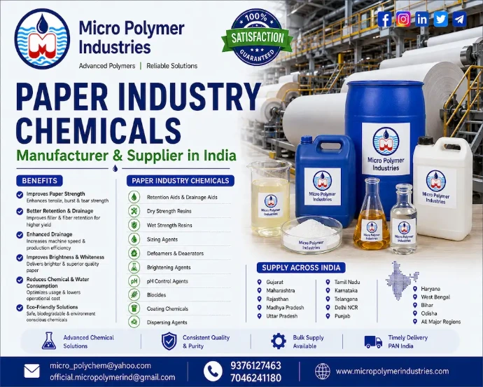 Micro Polymer Industries is a trusted manufacturer and supplier of Paper Industry Chemicals in India. We provide advanced chemical solutions for paper mills, pulp processing plants, recycled paper units, packaging paper manufacturers, tissue paper industries, and wastewater treatment facilities.