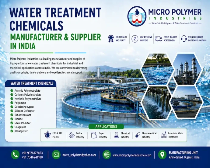 Micro Polymer Industries is one of the best Water Treatment Chemicals Manufacturer & Supplier in India, specializing in high-performance chemicals for industrial water and wastewater treatment applications. Our manufacturing unit Based in Ahmedabad, Gujarat.