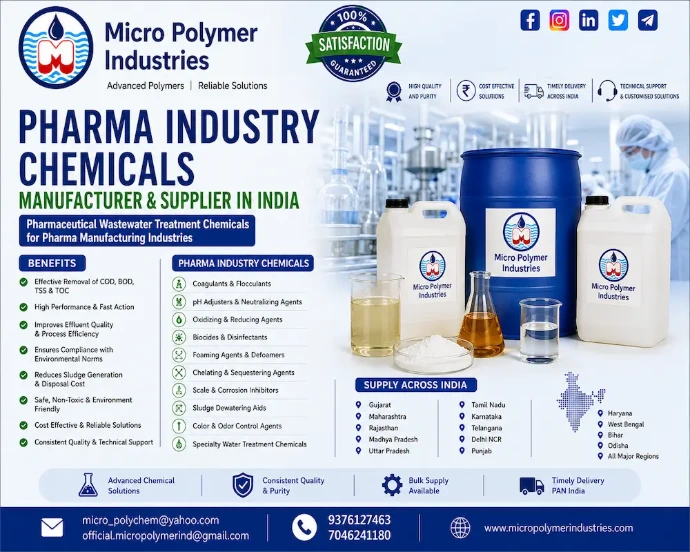 Micro Polymer Industries is a leading manufacturer and supplier of Pharma Industry Chemicals in India, offering specialized water and wastewater treatment solutions for pharmaceutical manufacturing plants, API production units, formulation facilities, biotechnology companies, bulk drug manufacturers, and healthcare processing industries.