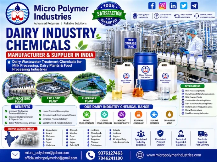 Micro Polymer Industries is a leading manufacturer and supplier of Dairy Industry Chemicals in India, providing advanced wastewater treatment and process water treatment solutions for dairy processing plants, milk collection centers, milk powder manufacturers, cheese plants, butter production units, ice cream manufacturers, and food processing industries.