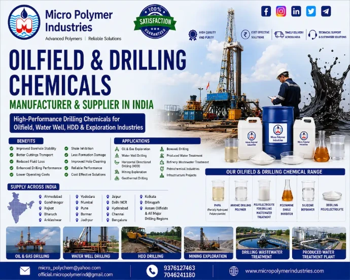Micro Polymer Industries is a leading manufacturer and supplier of Oilfield & Drilling Chemicals in India, providing advanced drilling fluid additives and performance chemicals for oil drilling, gas exploration, water well drilling, horizontal directional drilling (HDD), mining drilling, geothermal drilling, and borewell applications.