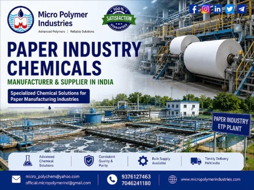 Micro Polymer Industries is a trusted manufacturer and supplier of Paper Industry Chemicals in India. We provide advanced chemical solutions for paper mills, pulp processing plants, recycled paper units, packaging paper manufacturers, tissue paper industries, and wastewater treatment facilities.