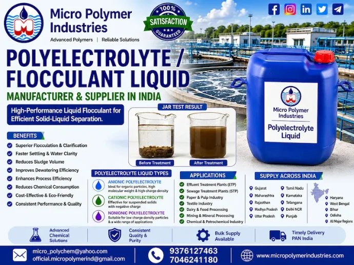 Micro Polymer Industries is a trusted manufacturer and supplier of premium-quality Polyelectrolyte Liquid (Liquid Flocculant) designed for effective wastewater treatment, sludge dewatering, clarification, and solid-liquid separation applications. Our liquid formulations provide fast floc formation, easy dosing, excellent dispersion, and consistent performance across various industrial processes.
