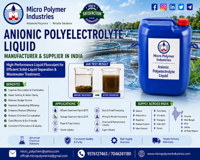 Micro Polymer Industries is a leading manufacturer and supplier of premium-quality Anionic Polyelectrolyte Liquid in India. Our high-performance liquid flocculants are specially formulated to deliver rapid floc formation, superior clarification, improved settling, and efficient solid-liquid separation across a wide range of industrial applications.