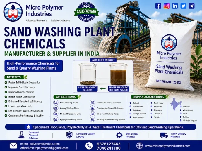 Micro Polymer Industries is a leading manufacturer and supplier of Sand Washing Plant Chemicals in India, offering advanced chemical solutions to improve fines recovery, sludge dewatering, water clarification, and recycling efficiency in sand and quarry operations.
