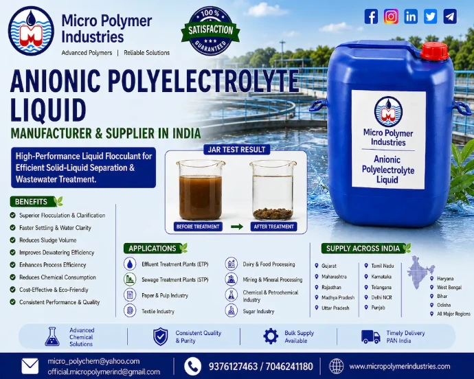 Micro Polymer Industries is a leading manufacturer and supplier of premium-quality Anionic Polyelectrolyte Liquid in India. Our high-performance liquid flocculants are specially formulated to deliver rapid floc formation, superior clarification, improved settling, and efficient solid-liquid separation across a wide range of industrial applications.