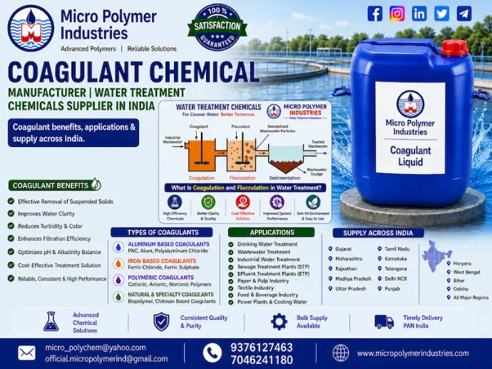 Industrial water and wastewater treatment requires efficient removal of suspended solids, color, turbidity, oil, grease, and organic contaminants. At Micro Polymer Industries, we manufacture and supply high-performance Coagulant Chemicals designed to improve clarification, reduce sludge volume, enhance settling, and optimize overall treatment plant performance.