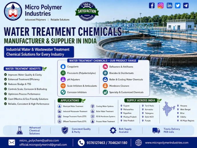 Micro Polymer Industries is a leading manufacturer and supplier of premium quality Water Treatment Chemicals based in Ahmedabad, Gujarat. We manufacture advanced treatment chemicals for industrial water treatment plants, wastewater treatment plants (ETP), sewage treatment plants (STP), RO plants, cooling towers, boilers, paper mills, textile industries, chemical industries, food processing plants, mining, pharmaceuticals, sugar mills and many more.