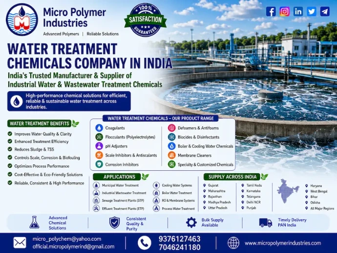 Micro Polymer Industries is one of India's leading manufacturers of high-performance water treatment chemicals for industrial water treatment, wastewater treatment, ETP, STP, RO plants, cooling towers, boilers, clarifiers, sludge dewatering, and process water treatment.  We help industries reduce treatment costs, improve water quality, increase plant efficiency, and meet environmental compliance through customized chemical solutions.