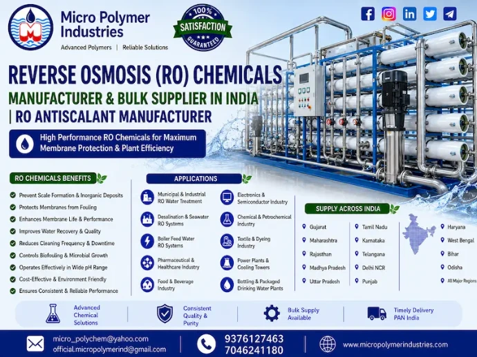Micro Polymer Industries is one of India's trusted Reverse Osmosis (RO) Chemicals Manufacturers and Bulk Suppliers, providing high-performance specialty chemicals for industrial RO plants, desalination systems, boiler feed water plants, pharmaceutical water systems, food & beverage industries, power plants, textile industries, chemical processing plants, electronics manufacturing and municipal water treatment.