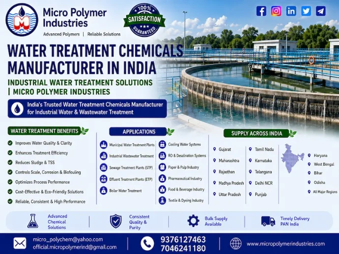 Micro Polymer Industries is a leading Water Treatment Chemicals Manufacturer in India, supplying high-performance specialty chemicals for wastewater treatment, drinking water treatment, boiler water treatment, cooling water treatment, RO plants, ETP, STP, CETP, textile processing, paper mills, food processing, mining, ceramic industries, steel plants, chemical industries, pharmaceuticals and municipal water treatment.