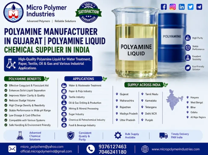 If you're looking for a reliable Polyamine manufacturer in Gujarat, Micro Polymer Industries delivers premium-quality liquid Polyamine specially formulated for industrial water treatment, wastewater clarification, sludge reduction, and color removal applications.