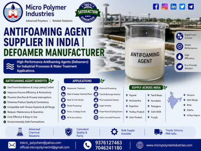 Micro Polymer Industries is a trusted Antifoaming Agent supplier in India and industrial Defoamer manufacturer, offering high-performance silicone and non-silicone defoamers for industrial process water, wastewater treatment, chemical processing, food processing, paper manufacturing, textile processing, fermentation, paints, coatings, adhesives, detergents, sugar plants, and numerous other industrial applications.