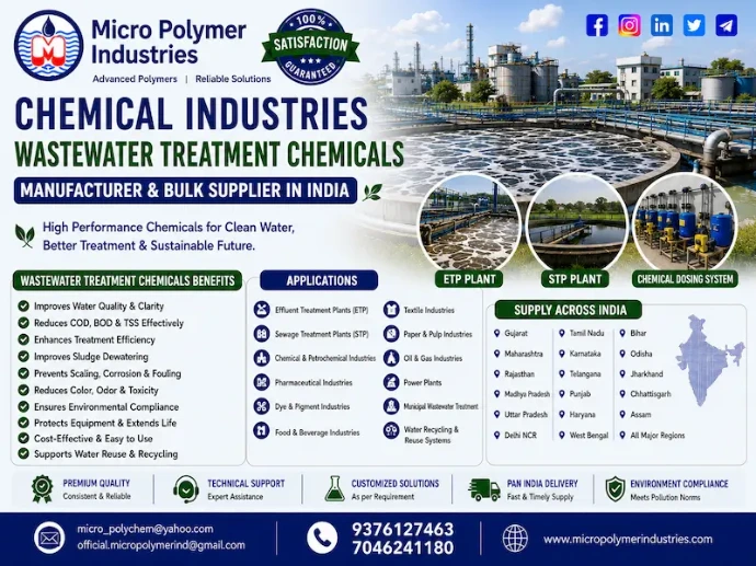 Micro Polymer Industries is one of India's trusted manufacturers and bulk suppliers of Chemical Industries Wastewater Treatment Chemicals. Since 1992, we have been supplying customized ETP, STP and wastewater treatment chemicals to chemical manufacturers across India.
