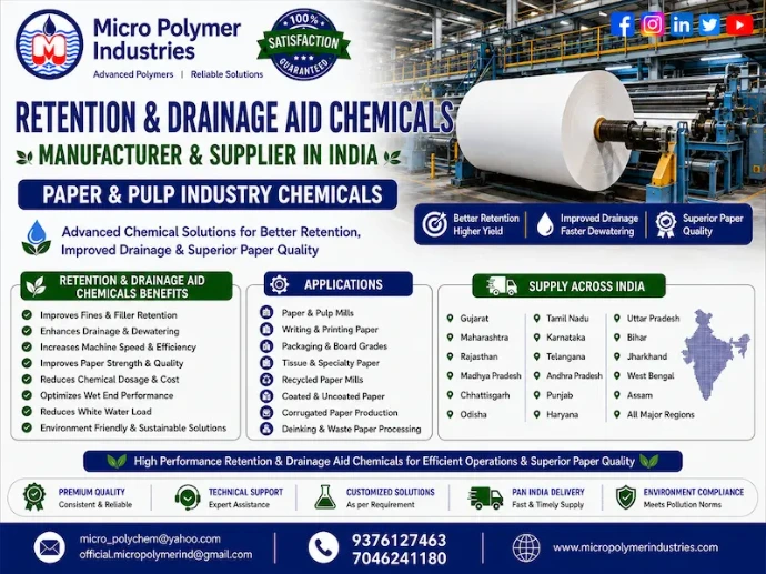 At Micro Polymer Industries, we manufacture and supply premium-quality Retention Aid Chemicals and Drainage Aid Chemicals specially formulated for paper & pulp industries. Our advanced polymer technology enhances fiber retention, filler retention, improves drainage, increases machine speed, reduces chemical consumption, and delivers superior paper quality.