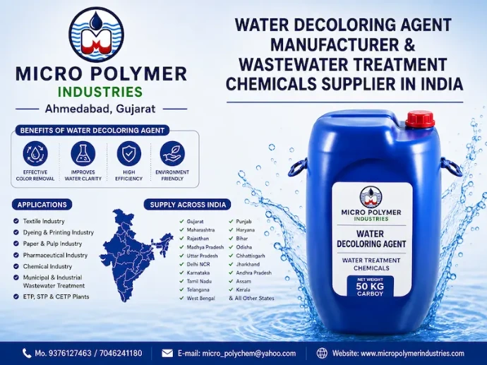 Micro Polymer Industries is a leading Water Decoloring Agent Manufacturer and Wastewater Treatment Chemical Supplier in India, offering high-performance color removal chemicals specially formulated for industrial Effluent Treatment Plants (ETPs), Sewage Treatment Plants (STPs), and wastewater recycling systems.