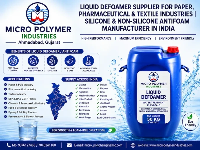 Micro Polymer Industries is a trusted Liquid Defoamer Supplier and Silicone Antifoam Manufacturer in India, offering high-performance foam control chemicals for paper mills, pharmaceutical manufacturing, textile processing, wastewater treatment plants, food processing, chemical industries, paints, adhesives, and many other industrial applications.