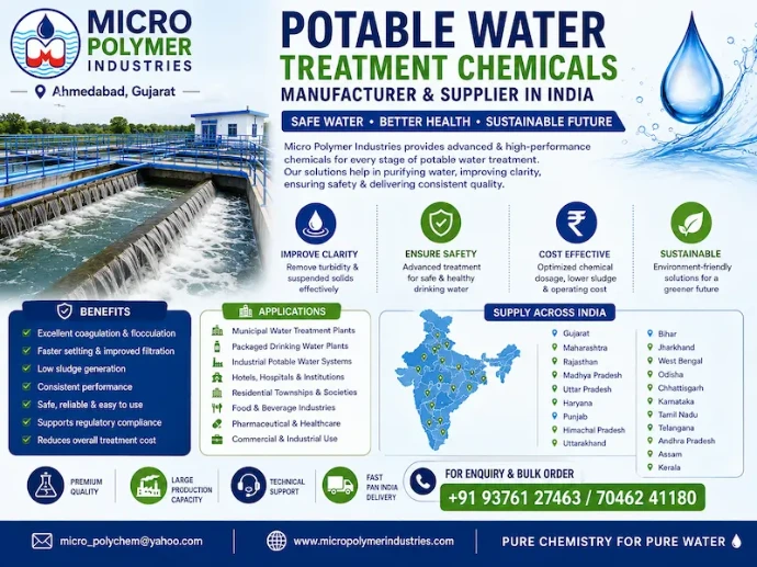 Micro Polymer Industries is a leading Potable Water Treatment Chemicals Manufacturer & Supplier in India, offering complete chemical solutions for municipal water treatment plants, industrial potable water systems, packaged drinking water facilities, EPC contractors, commercial water treatment projects, and institutional water supply systems.