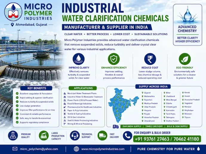 Micro Polymer Industries is a leading Industrial Water Clarification Chemicals Manufacturer & Supplier in India, offering advanced coagulants, flocculants, clarification polymers, and specialty water treatment chemicals for industrial water and wastewater treatment.