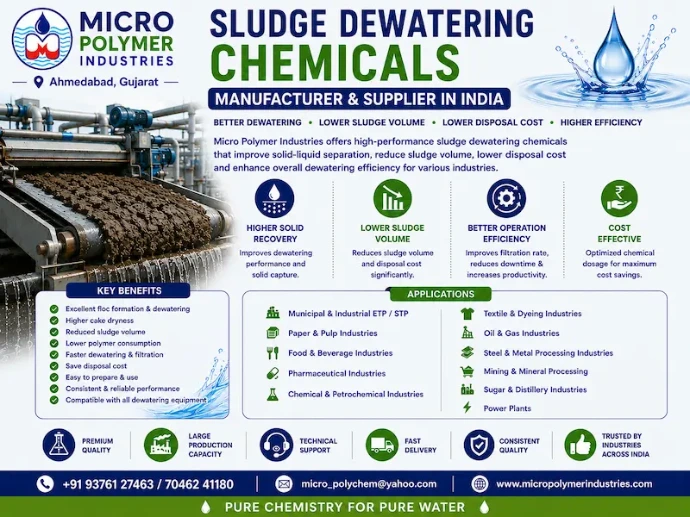 Micro Polymer Industries is a leading Sludge Dewatering Chemicals Manufacturer & Supplier in India, offering high-performance Anionic, Cationic, and Nonionic Polyelectrolytes specially designed for sludge conditioning and dewatering applications.