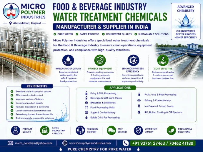 Micro Polymer Industries is a leading Food & Beverage Industry Water Treatment Chemicals Manufacturer & Supplier in India, providing complete chemical solutions for food processing plants, beverage manufacturers, dairy industries, breweries, distilleries, edible oil refineries, sugar mills, fruit & vegetable processing units, meat & poultry plants, and packaged drinking water facilities.