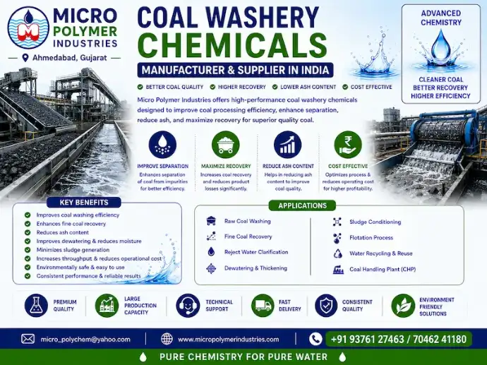 Micro Polymer Industries is a leading Coal Washery Chemicals Manufacturer & Supplier in India, providing advanced chemical solutions for coal washeries, coal preparation plants, coal beneficiation facilities, mining industries, and mineral processing operations.