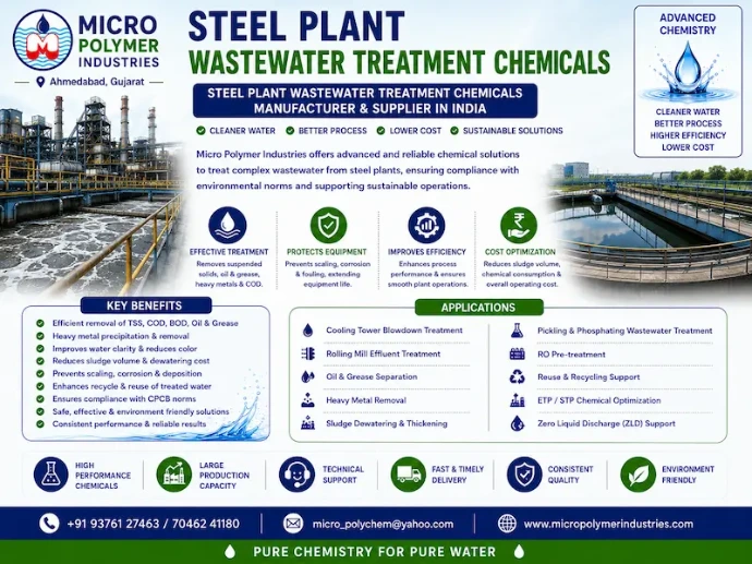 Micro Polymer Industries is a leading Steel Plant Wastewater Treatment Chemicals Manufacturer & Supplier in India, providing complete water and wastewater treatment solutions for integrated steel plants, mini steel plants, rolling mills, foundries, forging units, metal processing industries, and engineering companies.
