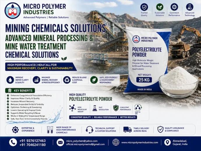 Micro Polymer Industries is a leading Mining Chemicals Manufacturer & Supplier in India, providing customized chemical solutions for coal washeries, iron ore beneficiation plants, quarry operations, aggregate plants, mineral processing units, and mine water treatment facilities.